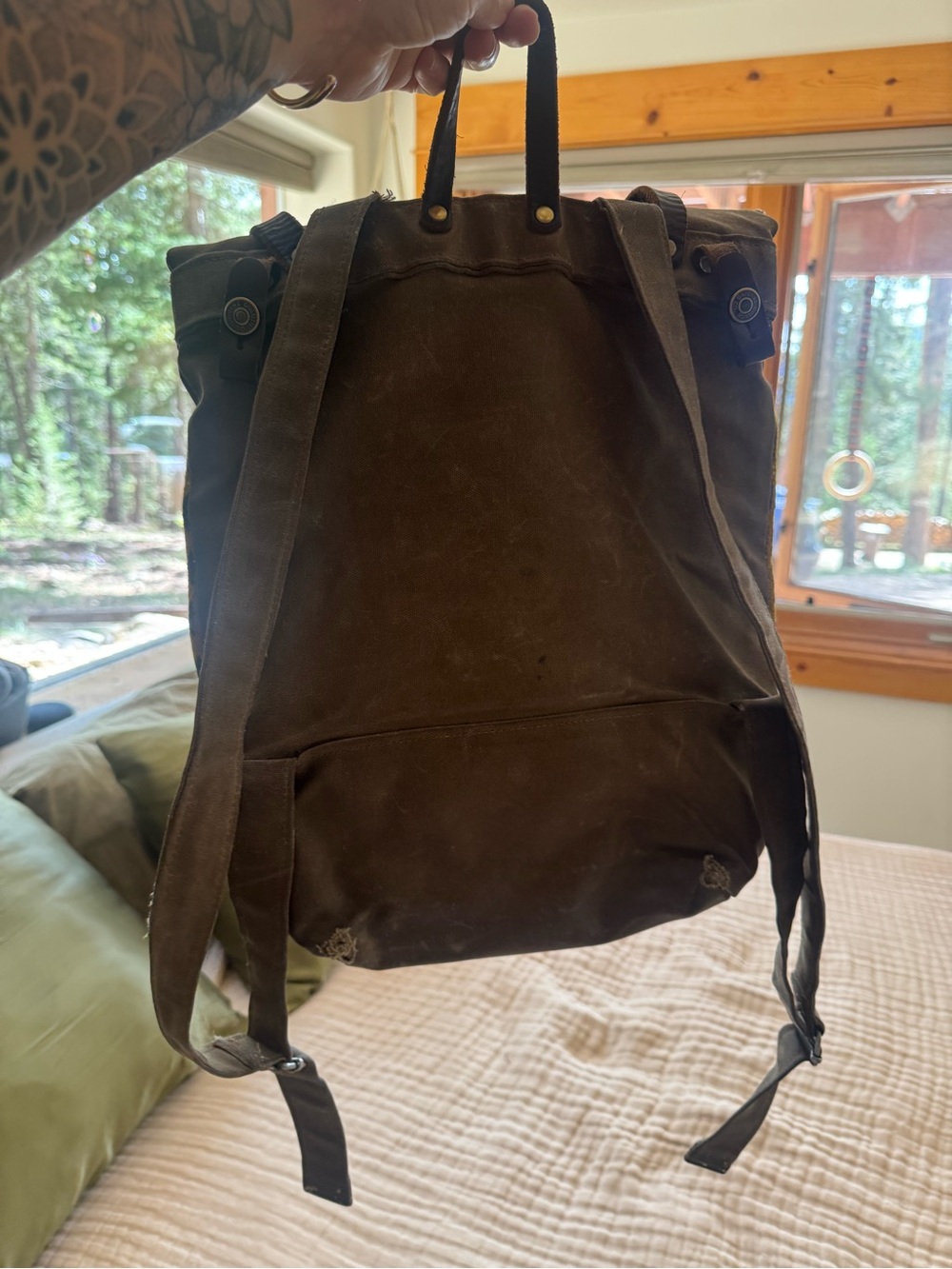 Wax Canvas Roll-Top Backpack with Wool Pendleton Aztec Pattern - Picture 2 of 5